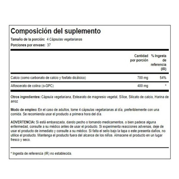 Alpha Gpc 400 Mg Por Porción 150 Caps Vegetarianas - Imagen 4